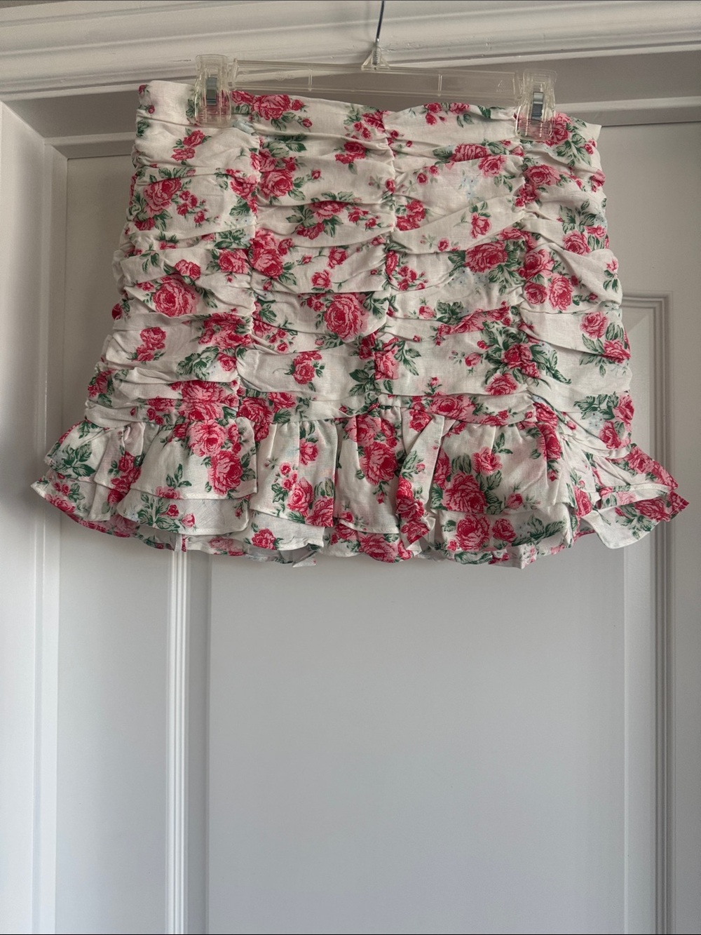 Endless Rose White Mini Skirt with Pink Rose Print